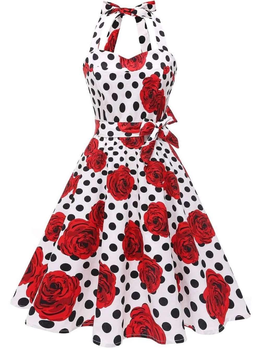 Women's White Dot Rose Halter Neck Vintage Polka Audrey Retro Cocktail Dress